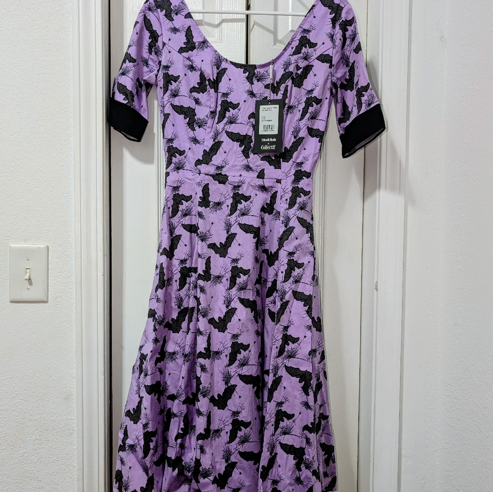 Purple and Black Bat Print Dress - Picture 3 of 4